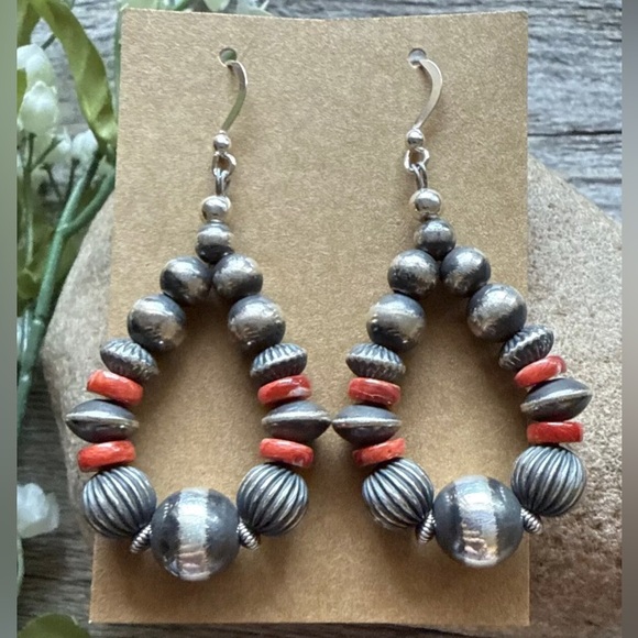 Sterling Silver Red Spiny Oyster Shell W Pearls Bead Loop Earrings. 2.4 Inch